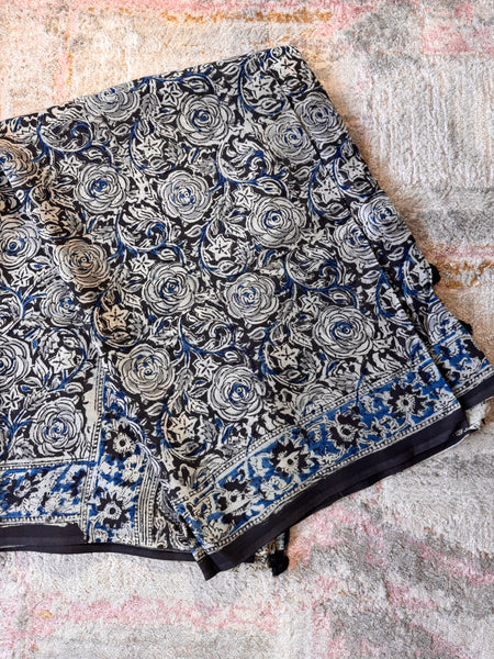 Bangalore Silk - Kalamkari hand block Printed Saree- Black