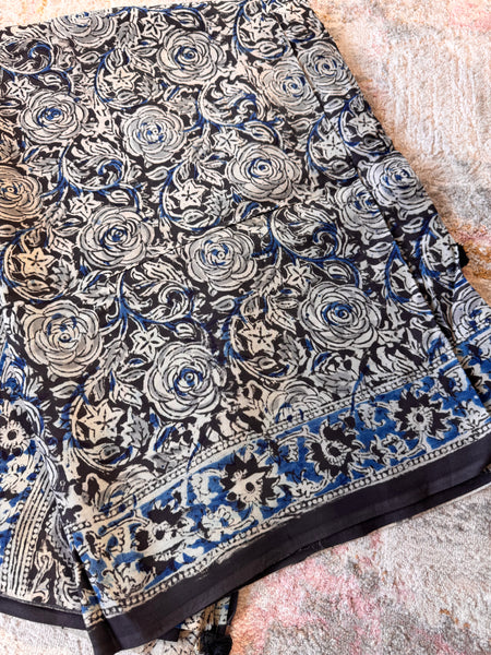 Bangalore Silk - Kalamkari hand block Printed Saree- Black