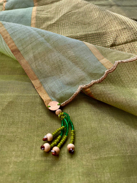 Pista green- Tissue Chanderi Handwoven Saree - Heavy Zari Checks Pallu