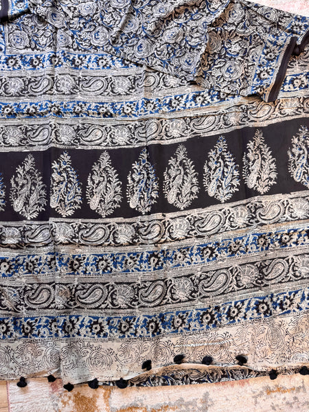 Bangalore Silk - Kalamkari hand block Printed Saree- Black