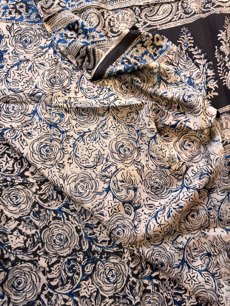 Bangalore Silk - Kalamkari hand block Printed Saree- Black