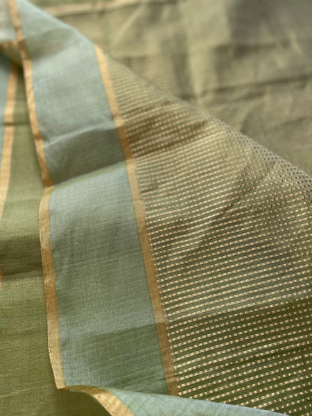 Pista green- Tissue Chanderi Handwoven Saree - Heavy Zari Checks Pallu