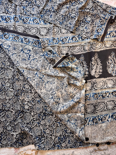 Bangalore Silk - Kalamkari hand block Printed Saree- Black