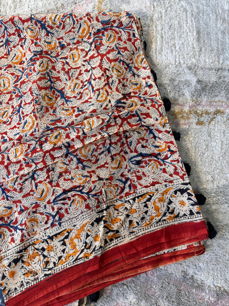 Bangalore Silk - Kalamkari hand block Printed Saree- Red