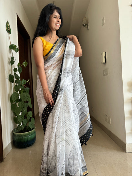 kota doria cotton saree with patchwork border - dots