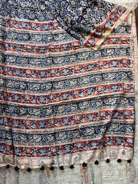 Modal Silk - Kalamkari hand block Printed Saree - Black