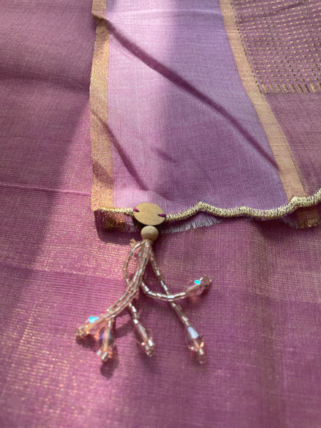 Mauve- Tissue Chanderi Handwoven Saree - Heavy Zari Checks Pallu