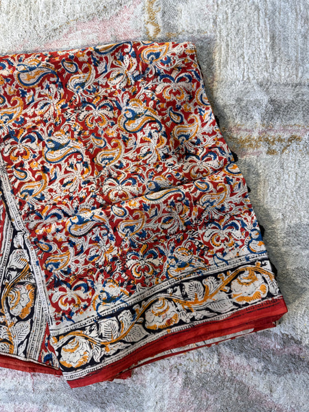 Bangalore Silk - Kalamkari hand block Printed Saree- Red