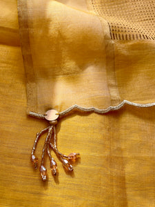 yellow- Tissue Chanderi Handwoven Saree - Heavy Zari Checks Pallu