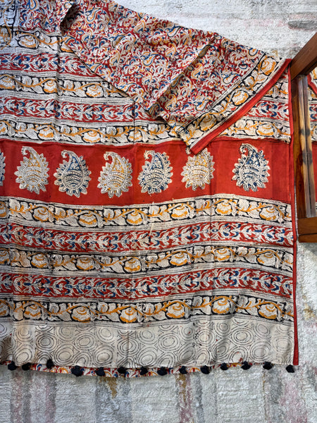 Bangalore Silk - Kalamkari hand block Printed Saree- Red