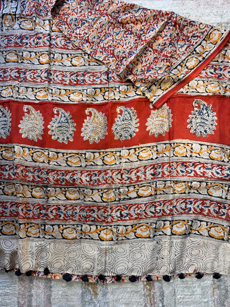 Bangalore Silk - Kalamkari hand block Printed Saree- Red