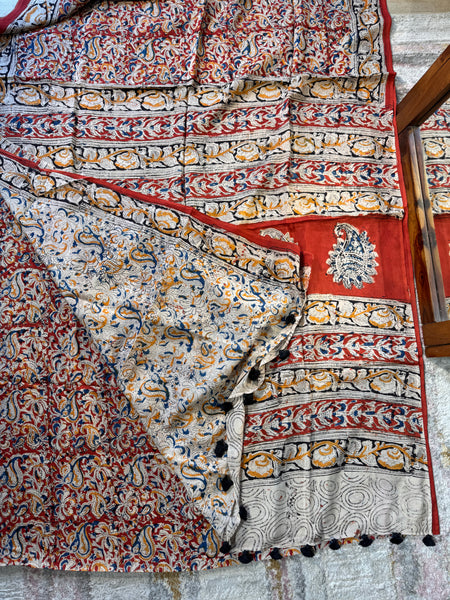 Bangalore Silk - Kalamkari hand block Printed Saree- Red