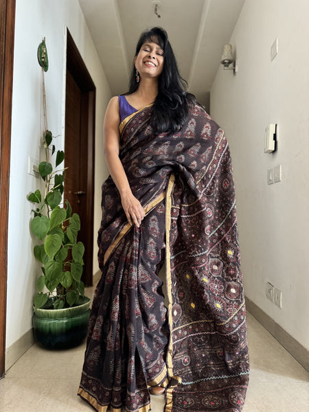 Ajrakh Block Printed Handwoven Linen Saree with Embroidery