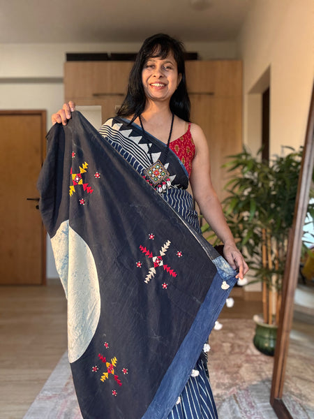 Ajrakh Hand Embroidered Cotton Saree - Naturally Dyed