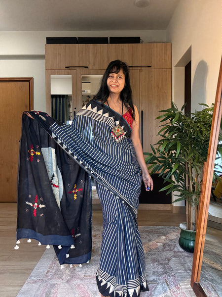 Ajrakh Hand Embroidered Cotton Saree - Naturally Dyed