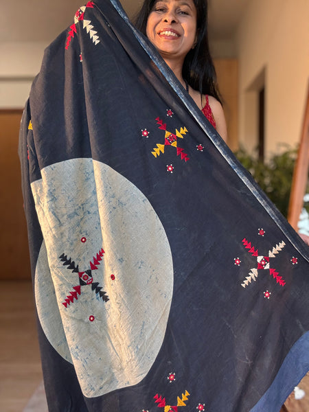 Ajrakh Hand Embroidered Cotton Saree - Naturally Dyed
