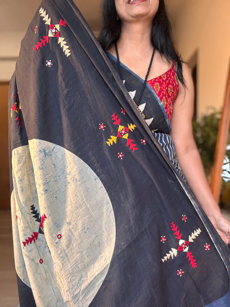 Ajrakh Hand Embroidered Cotton Saree - Naturally Dyed
