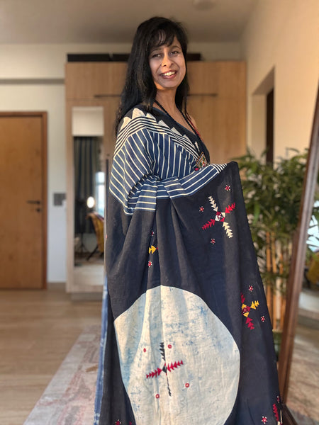 Ajrakh Hand Embroidered Cotton Saree - Naturally Dyed