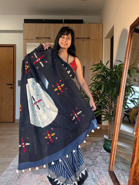 Ajrakh Hand Embroidered Cotton Saree - Naturally Dyed