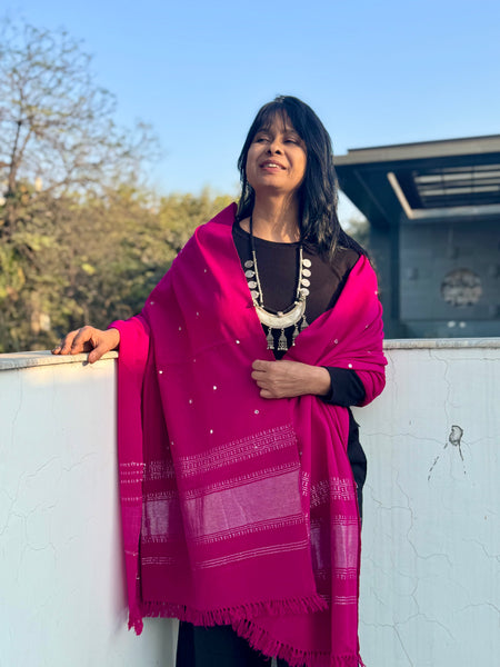 HOT PINK - KACCHI WOOLEN HANDWOVEN SHAWL - ACRYLIC WOOL