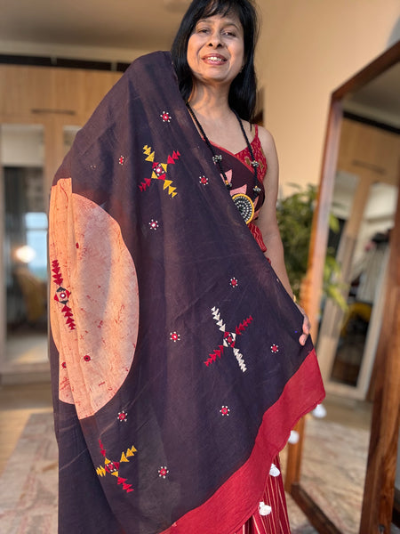 Ajrakh Hand Embroidered Cotton Saree - Naturally Dyed