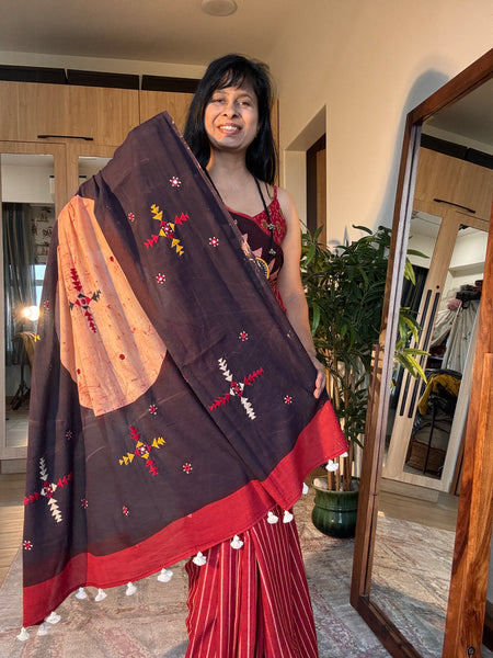 Ajrakh Hand Embroidered Cotton Saree - Naturally Dyed
