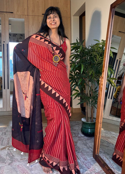 Ajrakh Hand Embroidered Cotton Saree - Naturally Dyed
