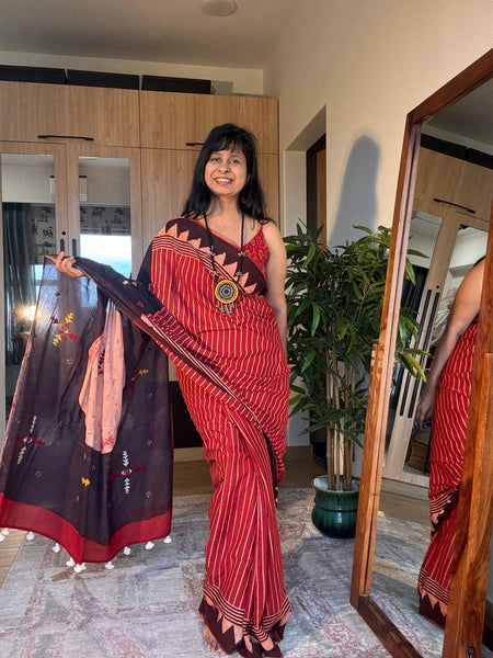 Ajrakh Hand Embroidered Cotton Saree - Naturally Dyed