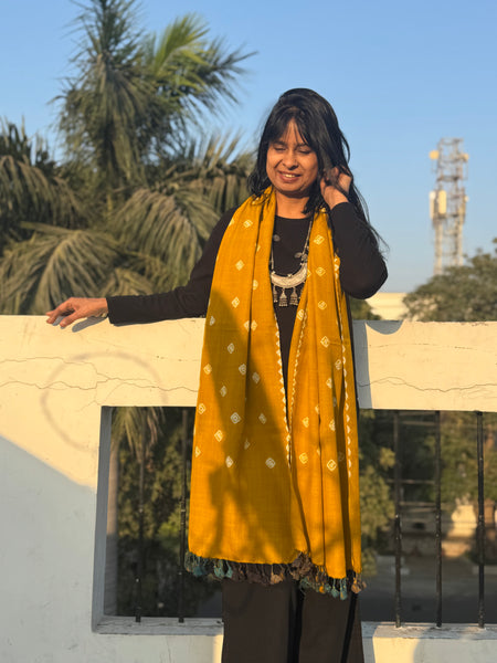 Mustard Stole - Kutch Handwoven Merino Wool Tie-Dye Bandhani Stole