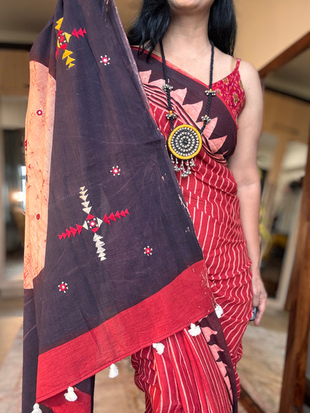 Ajrakh Hand Embroidered Cotton Saree - Naturally Dyed