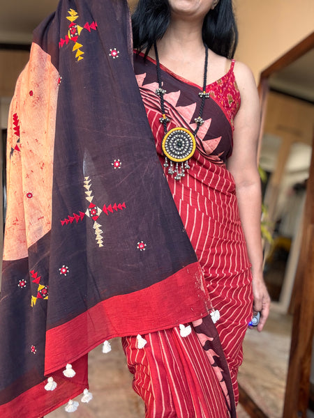 Ajrakh Hand Embroidered Cotton Saree - Naturally Dyed
