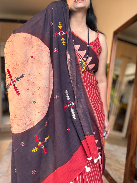 Ajrakh Hand Embroidered Cotton Saree - Naturally Dyed