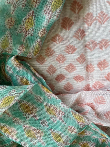 Pastel shade soft kota doria cotton saree with zari border- booti design