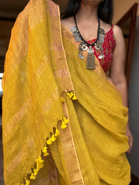 Handwoven on loom -  Muted yellow Linen saree