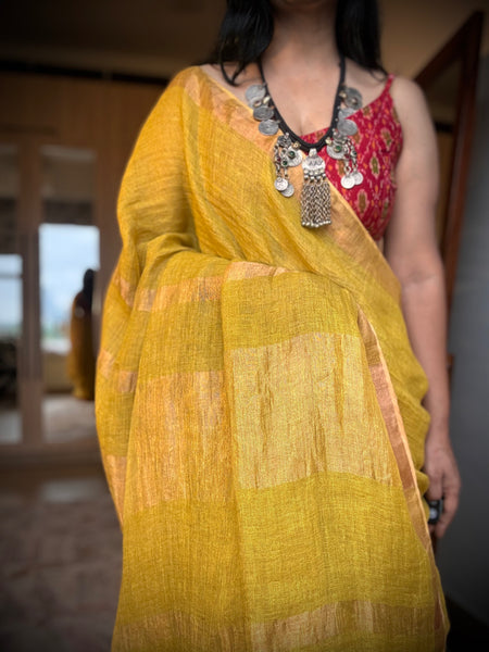 Handwoven on loom -  Muted yellow Linen saree