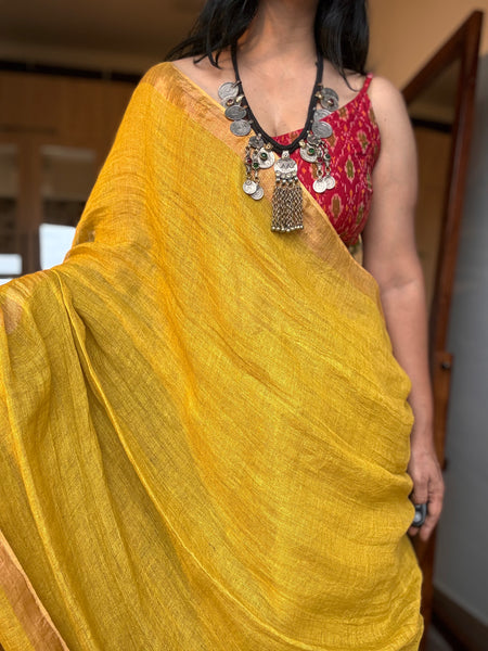 Handwoven on loom -  Muted yellow Linen saree
