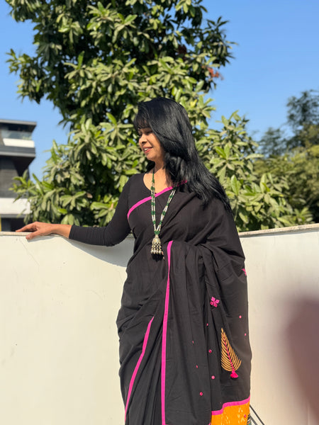 Embroidered Patchwork Cotton Saree - NO BLOUSE