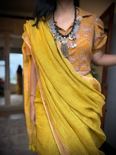Handwoven on loom -  Muted yellow Linen saree