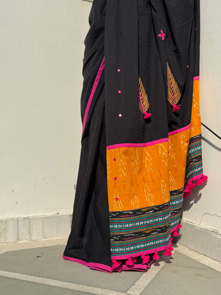 Embroidered Patchwork Cotton Saree - NO BLOUSE