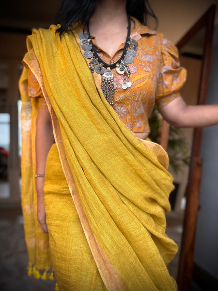 Handwoven on loom -  Muted yellow Linen saree