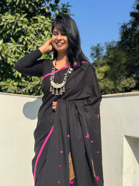 Embroidered Patchwork Cotton Saree - NO BLOUSE