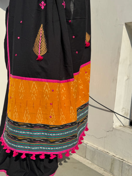 Embroidered Patchwork Cotton Saree - NO BLOUSE