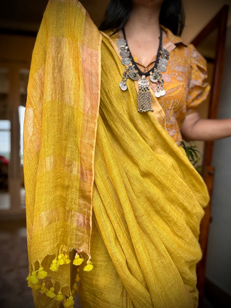 Handwoven on loom -  Muted yellow Linen saree