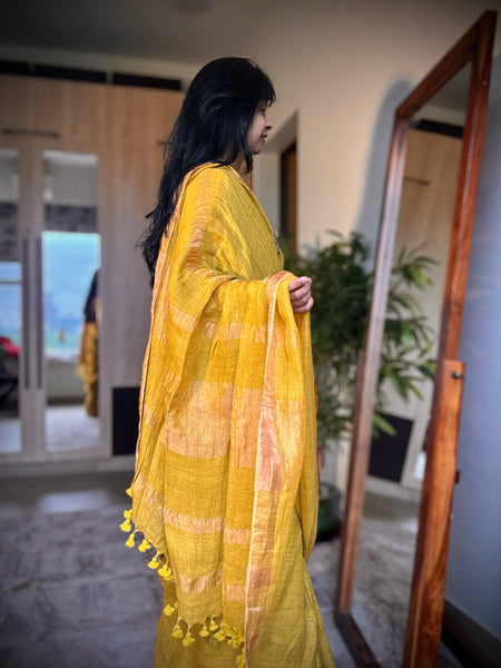Handwoven on loom -  Muted yellow Linen saree