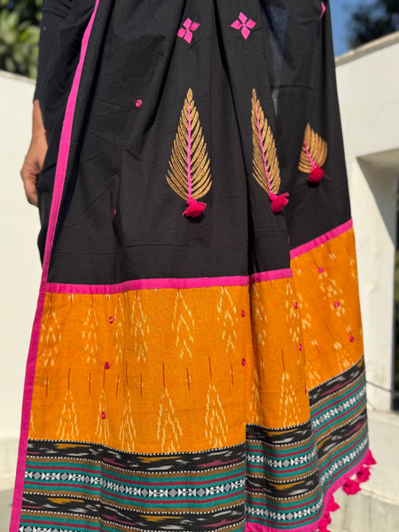 Embroidered Patchwork Cotton Saree - NO BLOUSE