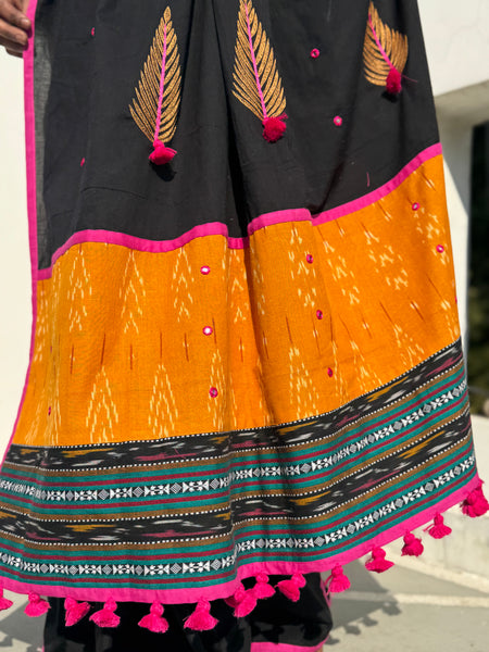 Embroidered Patchwork Cotton Saree - NO BLOUSE