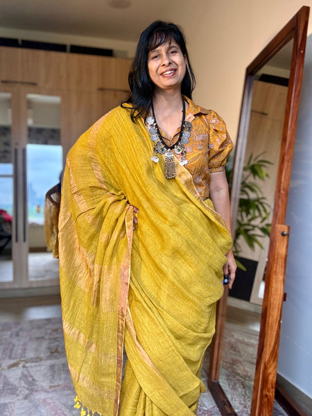 Handwoven on loom -  Muted yellow Linen saree