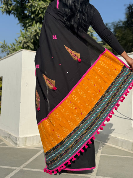 Embroidered Patchwork Cotton Saree - NO BLOUSE