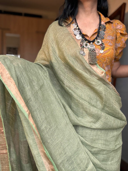 Handwoven on loom - Pista Green Linen saree