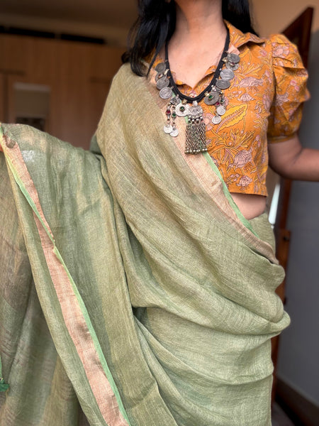Handwoven on loom - Pista Green Linen saree